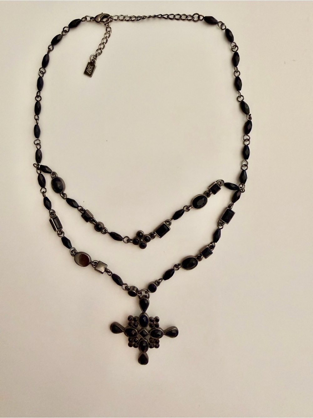 Black Costume Double- Strand Necklace with Ornate Cross-Like Pendant